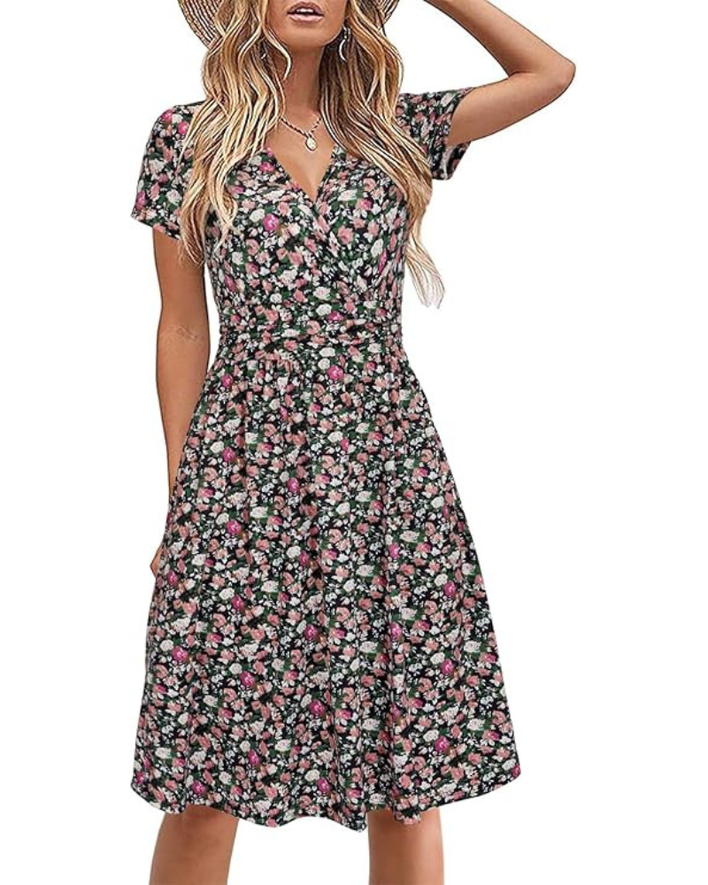 Robe Midi Femme en tissu léger, col V, coupe fluide – Menvelo