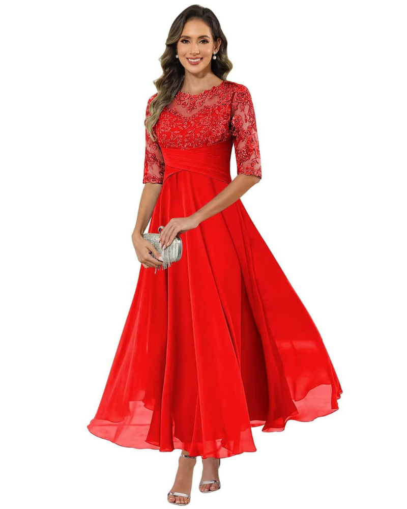 Olanthe Robe Soirée Femme – Dentelle & Mousseline, Manches 3/4 & Coupe A-Line Élégante