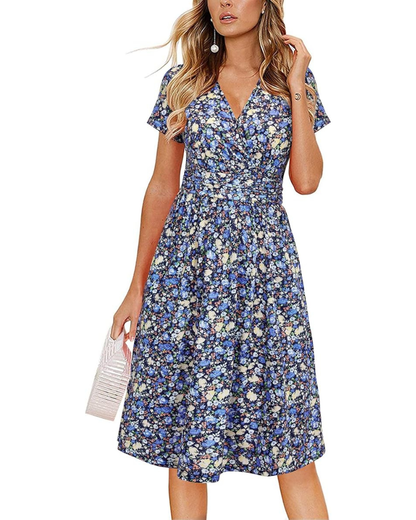 Robe Midi Femme en tissu léger, col V, coupe fluide – Menvelo