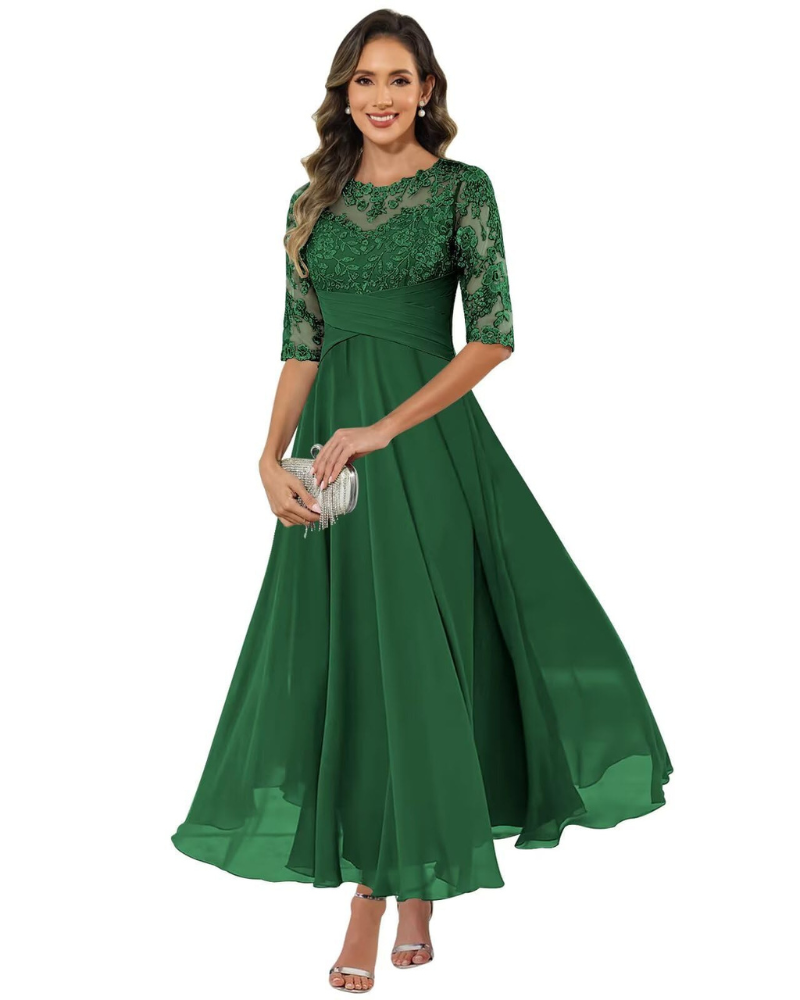Olanthe Robe Soirée Femme – Dentelle & Mousseline, Manches 3/4 & Coupe A-Line Élégante