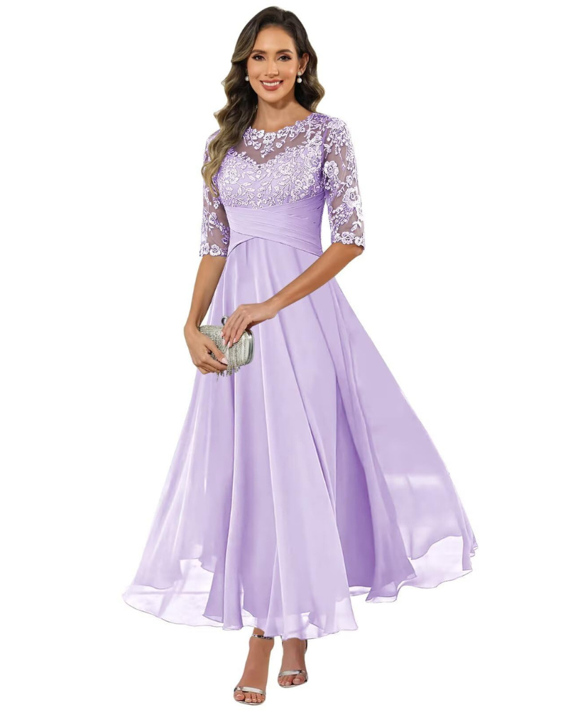 Olanthe Robe Soirée Femme – Dentelle & Mousseline, Manches 3/4 & Coupe A-Line Élégante