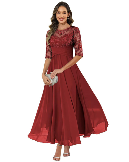 Olanthe Robe Soirée Femme – Dentelle & Mousseline, Manches 3/4 & Coupe A-Line Élégante
