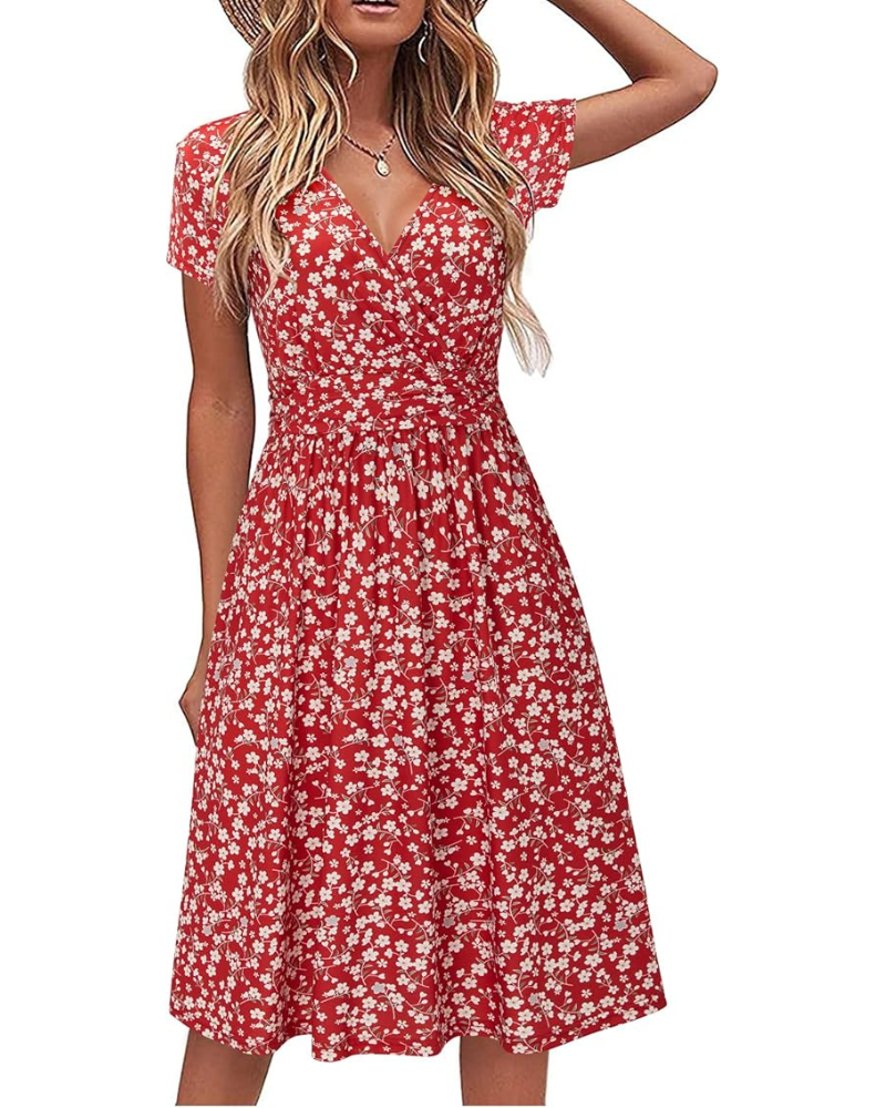 Robe Midi Femme en tissu léger, col V, coupe fluide – Menvelo