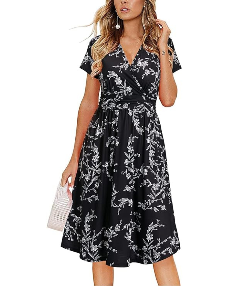 Robe Midi Femme en tissu léger, col V, coupe fluide – Menvelo