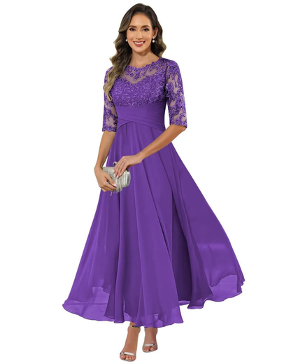 Olanthe Robe Soirée Femme – Dentelle & Mousseline, Manches 3/4 & Coupe A-Line Élégante