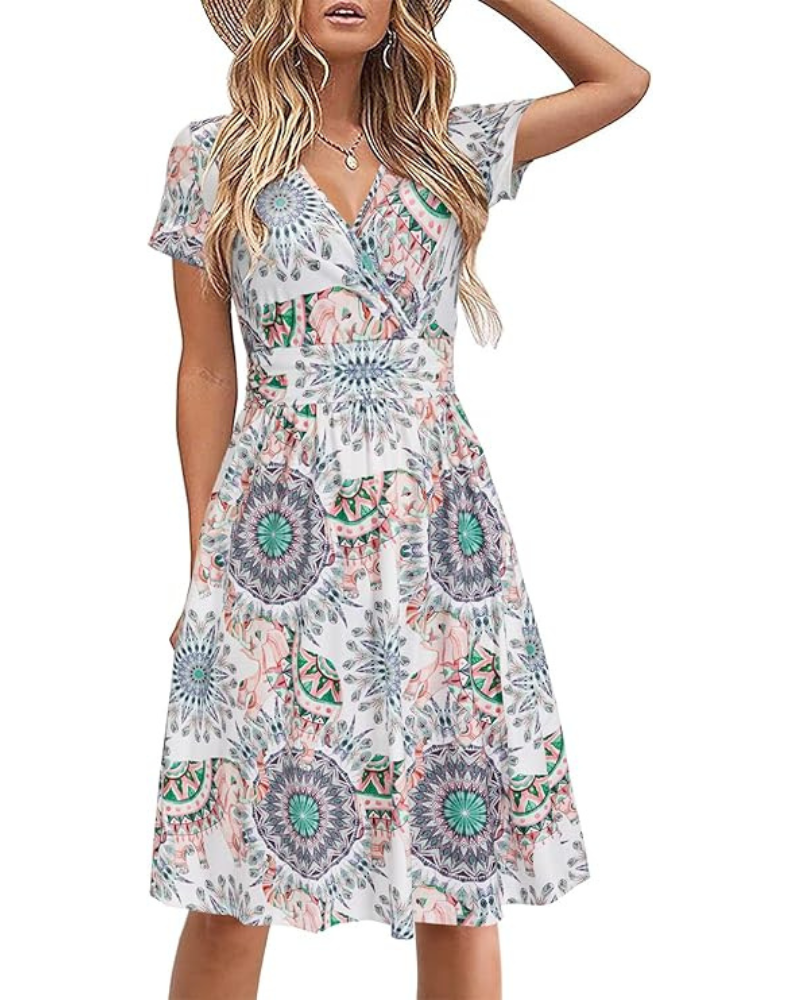 Robe Midi Femme en tissu léger, col V, coupe fluide – Menvelo