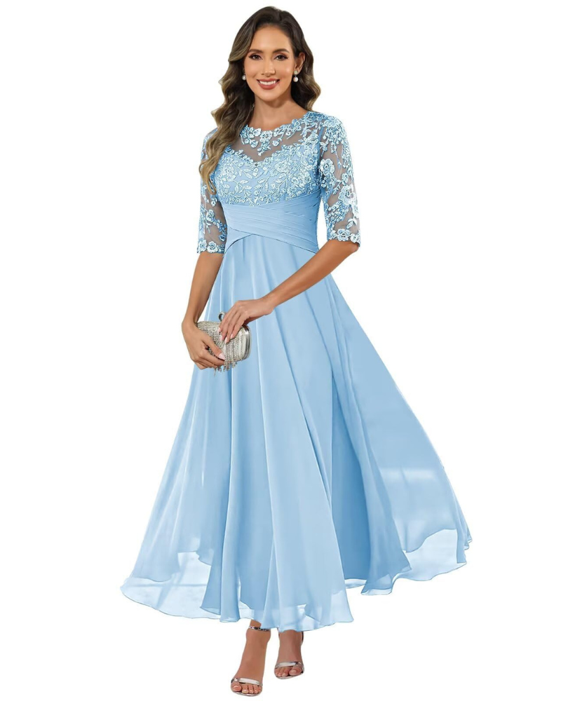 Olanthe Robe Soirée Femme – Dentelle & Mousseline, Manches 3/4 & Coupe A-Line Élégante