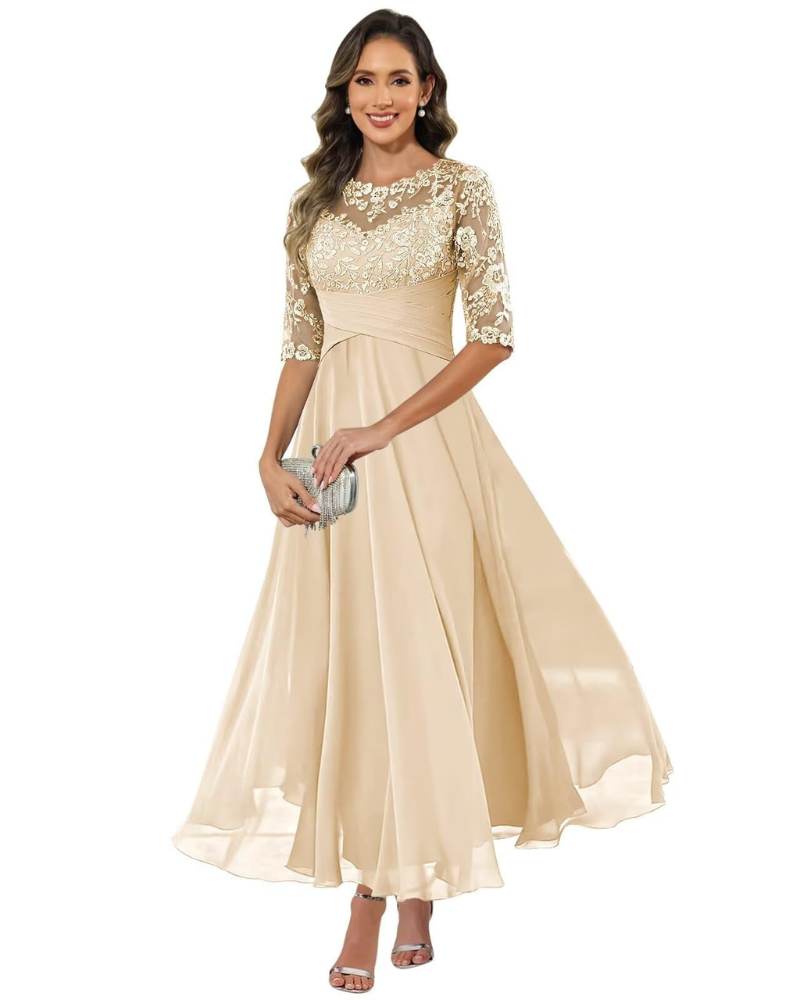 Olanthe Robe Soirée Femme – Dentelle & Mousseline, Manches 3/4 & Coupe A-Line Élégante