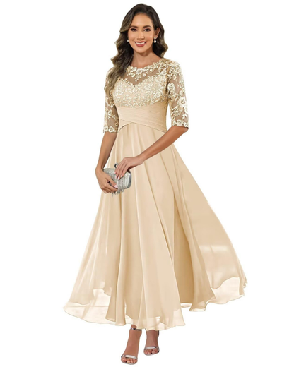 Olanthe Robe Soirée Femme – Dentelle & Mousseline, Manches 3/4 & Coupe A-Line Élégante