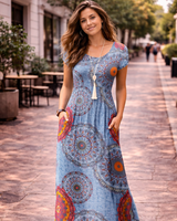 Bridget Robe Maxi Femme – Col Rond Uni, Coupe Fluide & Taille Haute avec Poches Été