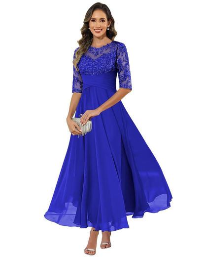 Olanthe Robe Soirée Femme – Dentelle & Mousseline, Manches 3/4 & Coupe A-Line Élégante