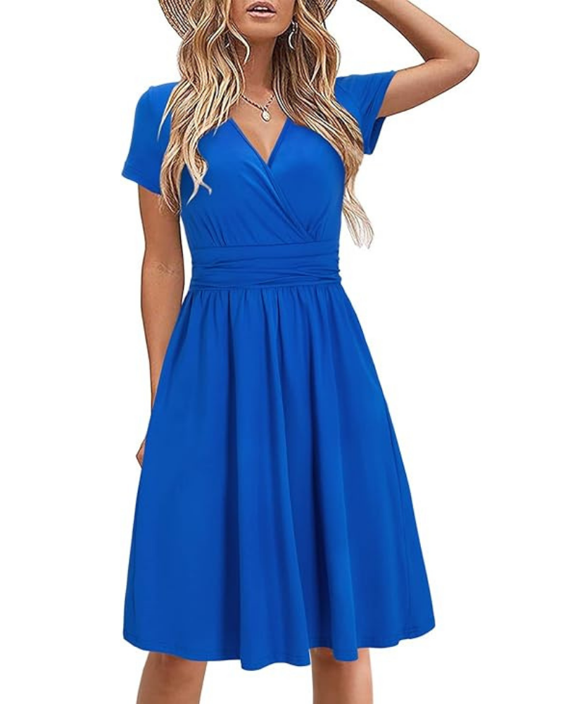 Robe Midi Femme en tissu léger, col V, coupe fluide – Menvelo