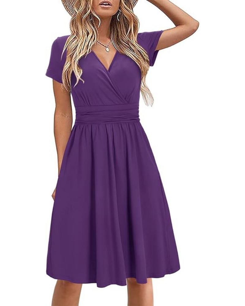 Robe Midi Femme en tissu léger, col V, coupe fluide – Menvelo