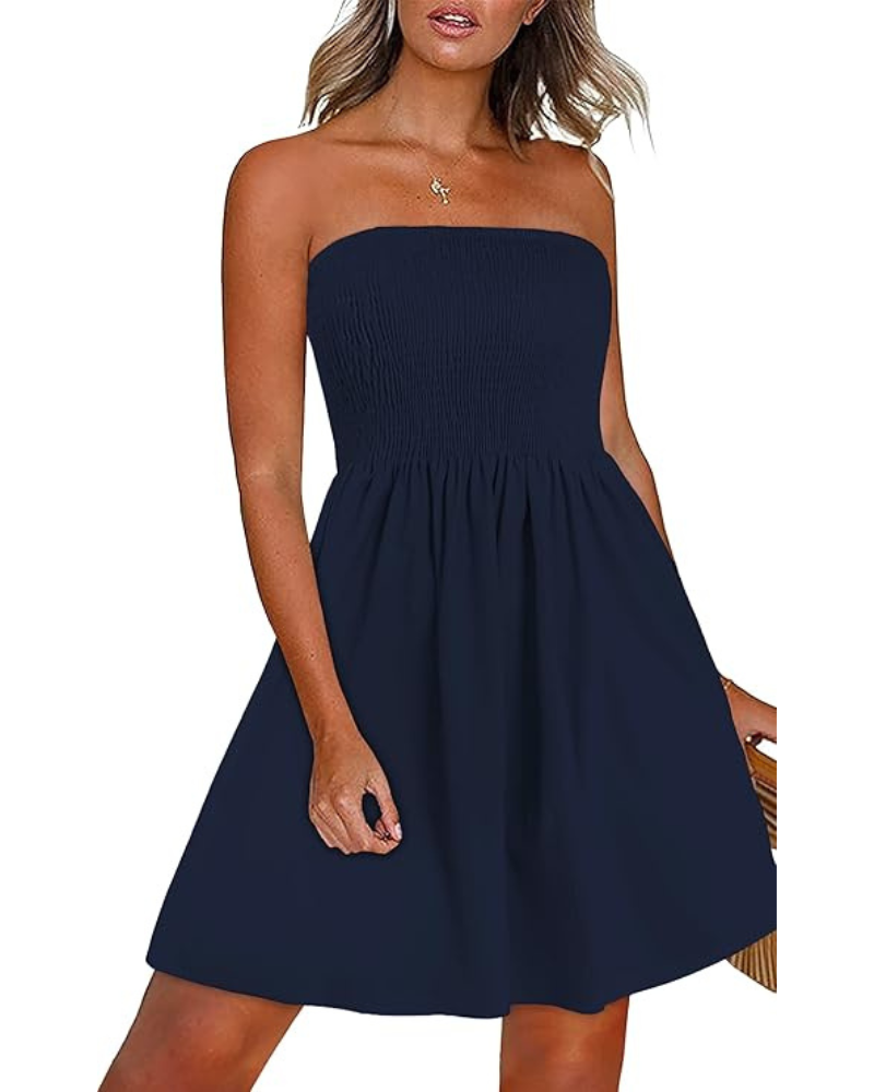 Robe Mini Femme en stretch, épaules dénudées, coupe fluide – Menvelo