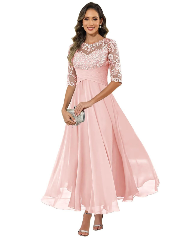 Olanthe Robe Soirée Femme – Dentelle & Mousseline, Manches 3/4 & Coupe A-Line Élégante