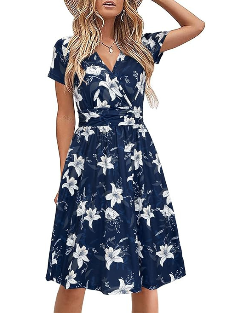Robe Midi Femme en tissu léger, col V, coupe fluide – Menvelo