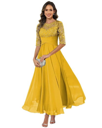 Olanthe Robe Soirée Femme – Dentelle & Mousseline, Manches 3/4 & Coupe A-Line Élégante