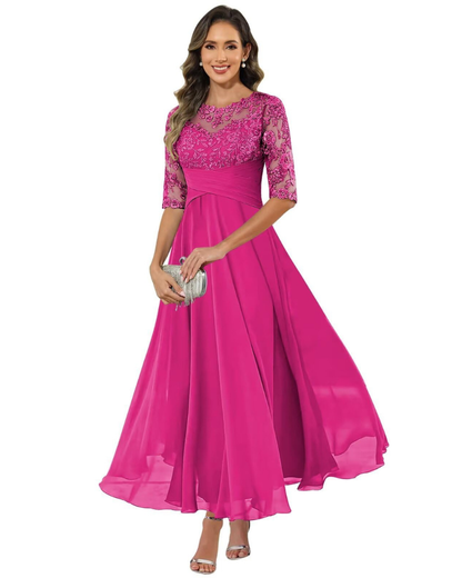 Olanthe Robe Soirée Femme – Dentelle & Mousseline, Manches 3/4 & Coupe A-Line Élégante