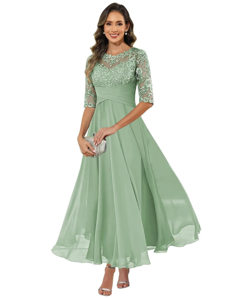 Olanthe Robe Soirée Femme – Dentelle & Mousseline, Manches 3/4 & Coupe A-Line Élégante