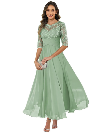 Olanthe Robe Soirée Femme – Dentelle & Mousseline, Manches 3/4 & Coupe A-Line Élégante