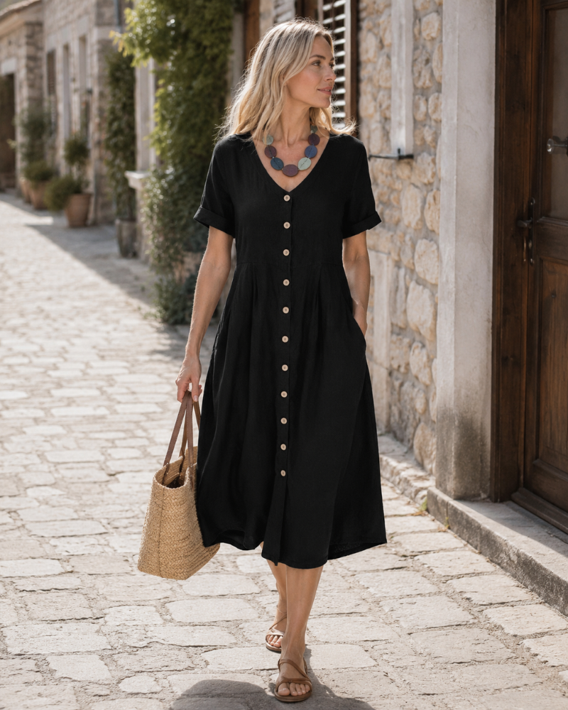 Robe Midi Femme en lin, col V, coupe fluide – Menvelo