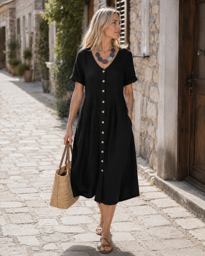 Robe Midi Femme en lin, col V, coupe fluide – Menvelo