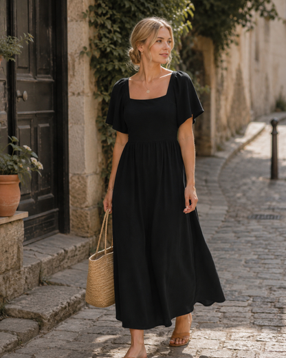 Patricia Robe Femme Maxi – Col Carré, Coupe A-Line Fluide, Manches Chauve-Souris Été