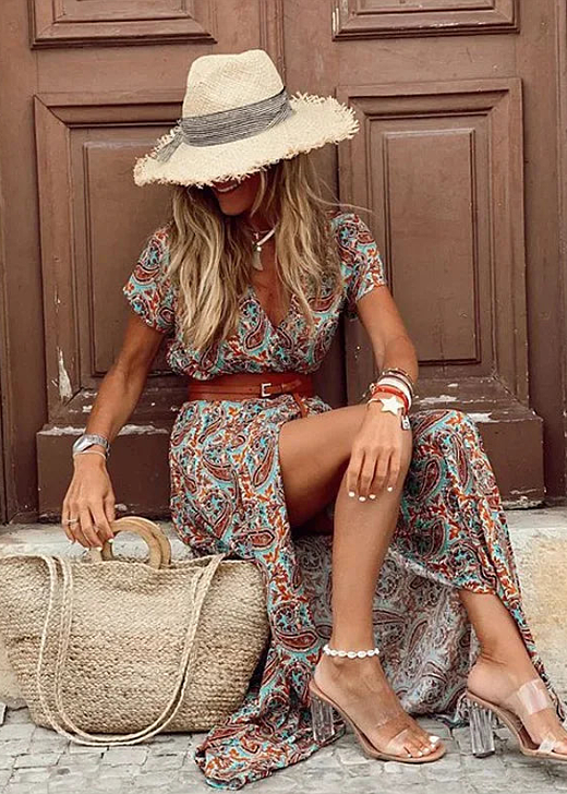 Robe maxi bohème aérienne pour femme avec ceinture assortie