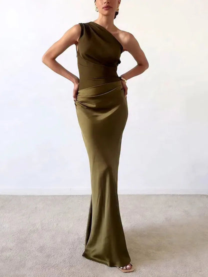 Robe maxi de soirée élégante pour femme à une épaule plissée