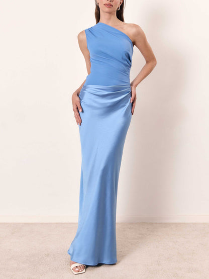 Robe maxi de soirée élégante pour femme à une épaule plissée
