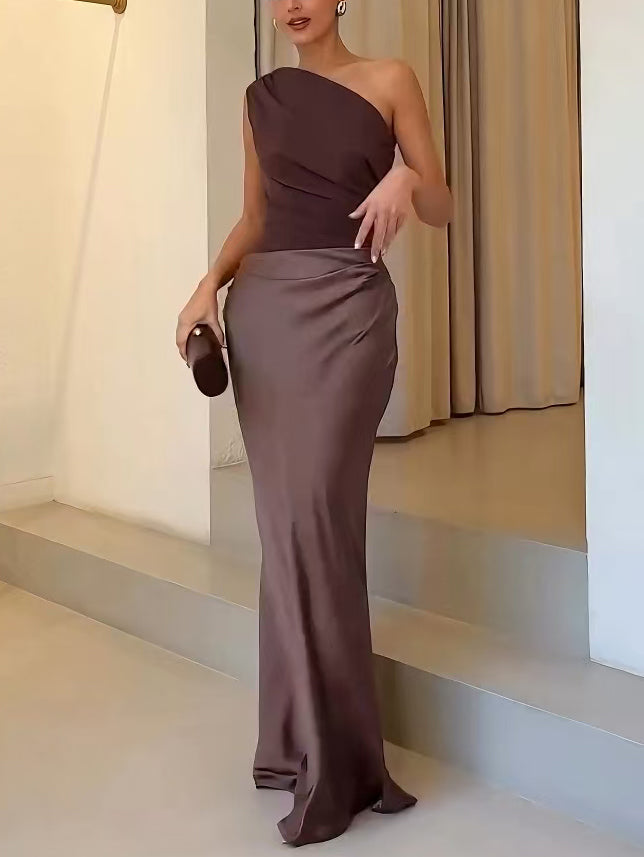 Robe maxi de soirée élégante pour femme à une épaule plissée