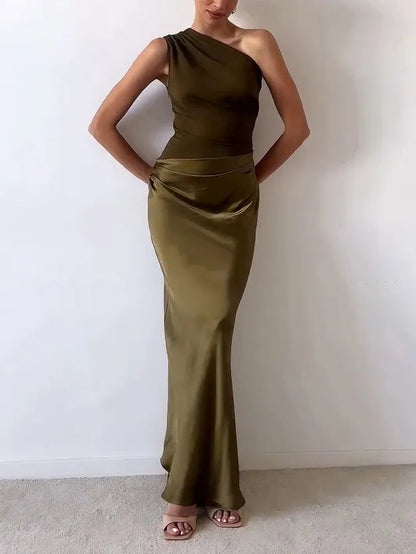 Robe maxi de soirée élégante pour femme à une épaule plissée