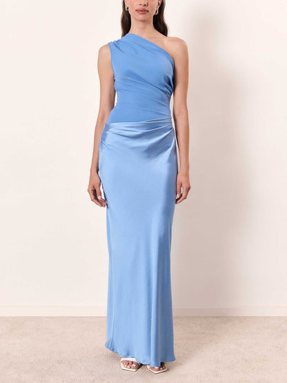 Robe maxi de soirée élégante pour femme à une épaule plissée