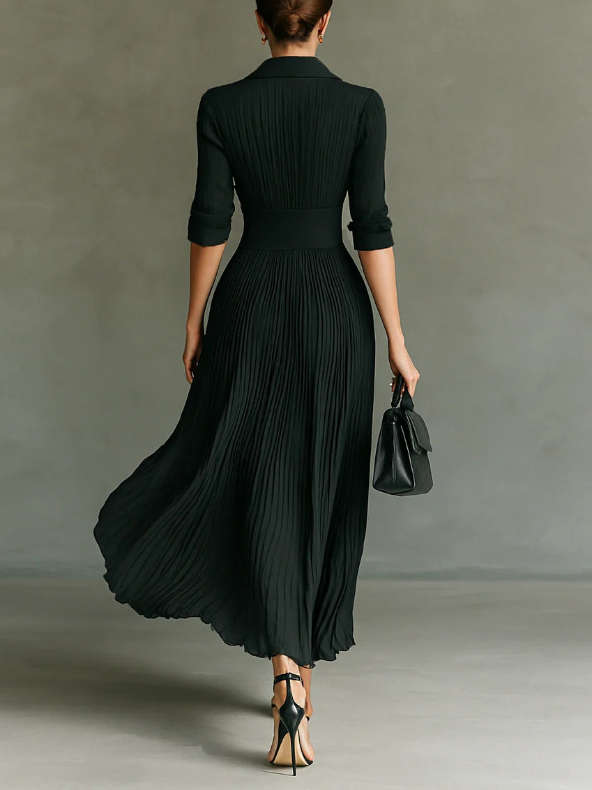 Robe maxi élégante plissée pour femme avec col à revers et taille cintrée
