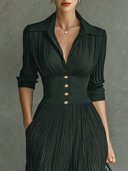 Robe maxi élégante plissée pour femme avec col à revers et taille cintrée