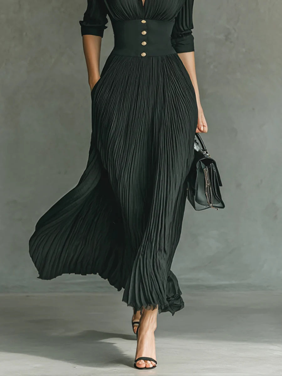 Robe maxi élégante plissée pour femme avec col à revers et taille cintrée