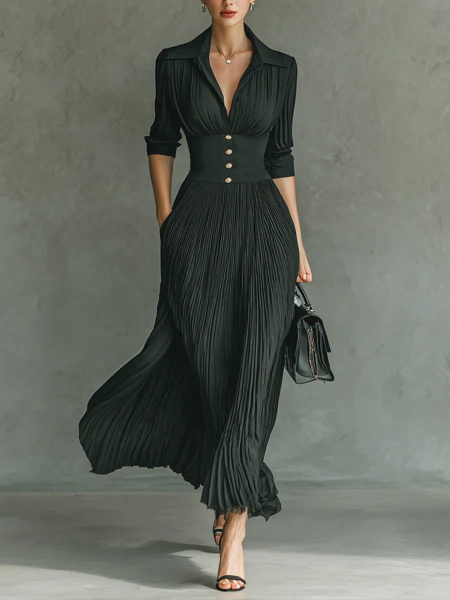 Robe maxi élégante plissée pour femme avec col à revers et taille cintrée
