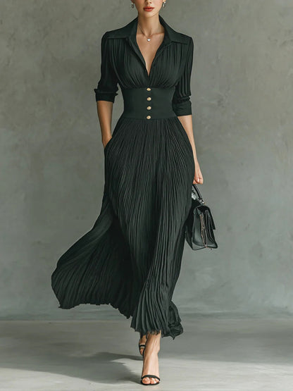 Robe maxi élégante plissée pour femme avec col à revers et taille cintrée