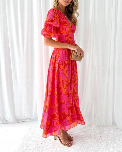 Robe longue élégante rouge et rose pour femme