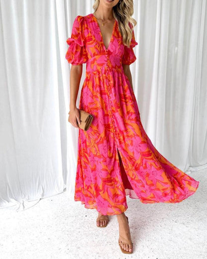 Robe longue élégante rouge et rose pour femme
