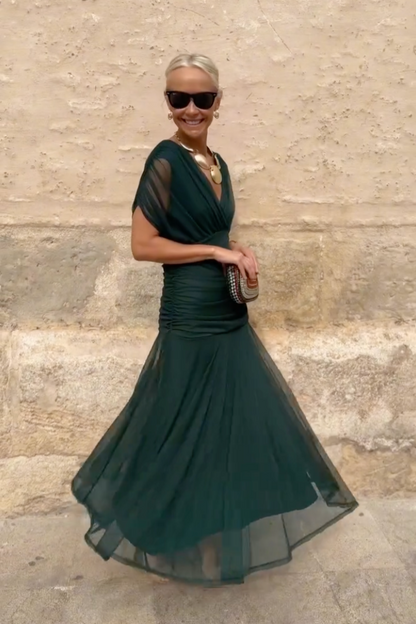 Robe longue fantaisie élégante à col en V pour femmes, idéale pour les fêtes