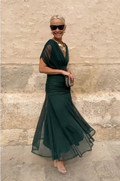 Robe longue fantaisie élégante à col en V pour femmes, idéale pour les fêtes