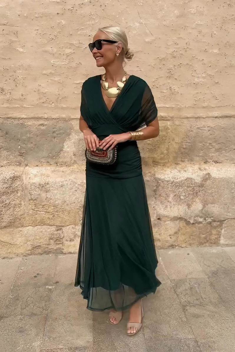 Robe longue fantaisie élégante à col en V pour femmes, idéale pour les fêtes