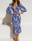 Robe Midi Femme Fleurie – Col V et Manches Volumineuses