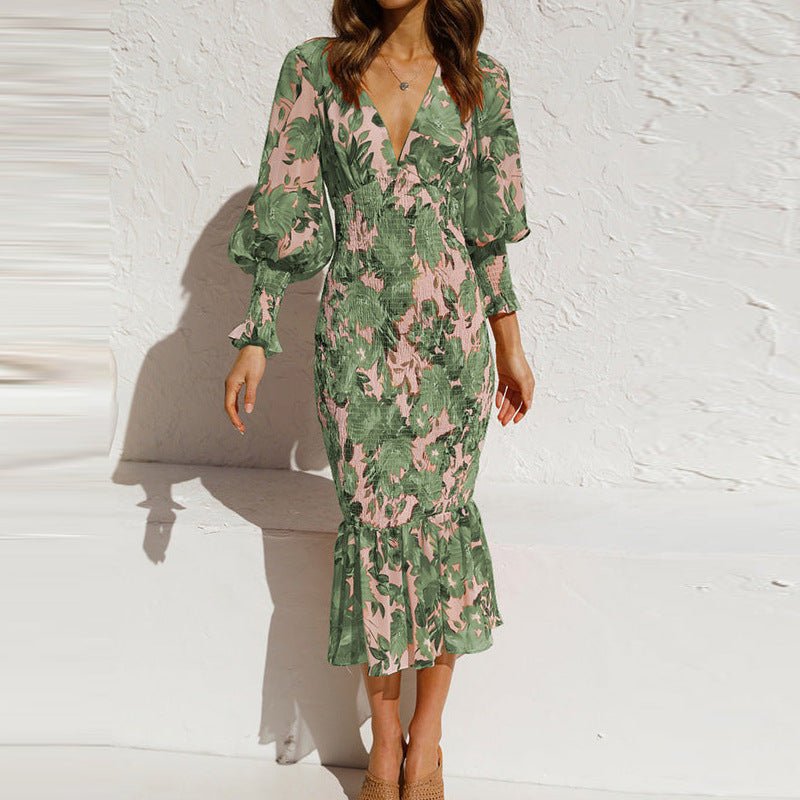 Robe Midi Femme Fleurie – Col V et Manches Volumineuses