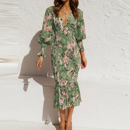Robe Midi Femme Fleurie – Col V et Manches Volumineuses