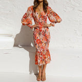 Robe Midi Femme Fleurie – Col V et Manches Volumineuses
