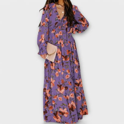 Robe maxi fleurie à col en V pour femme