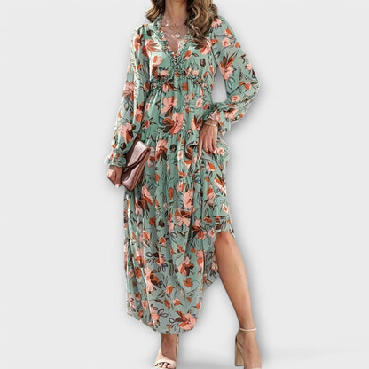 Robe maxi fleurie à col en V pour femme