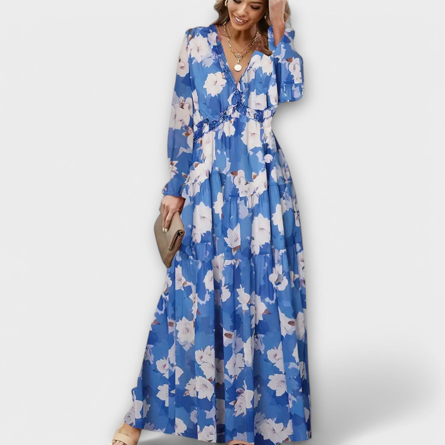 Robe maxi fleurie à col en V pour femme